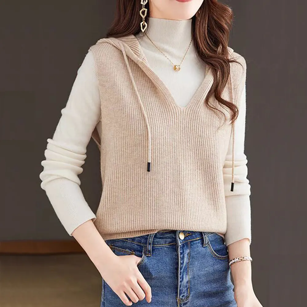 【Alishia】休閒寬鬆V領連帽針織背心 M-2XL(米色 / 灰色 / 咖啡色)
