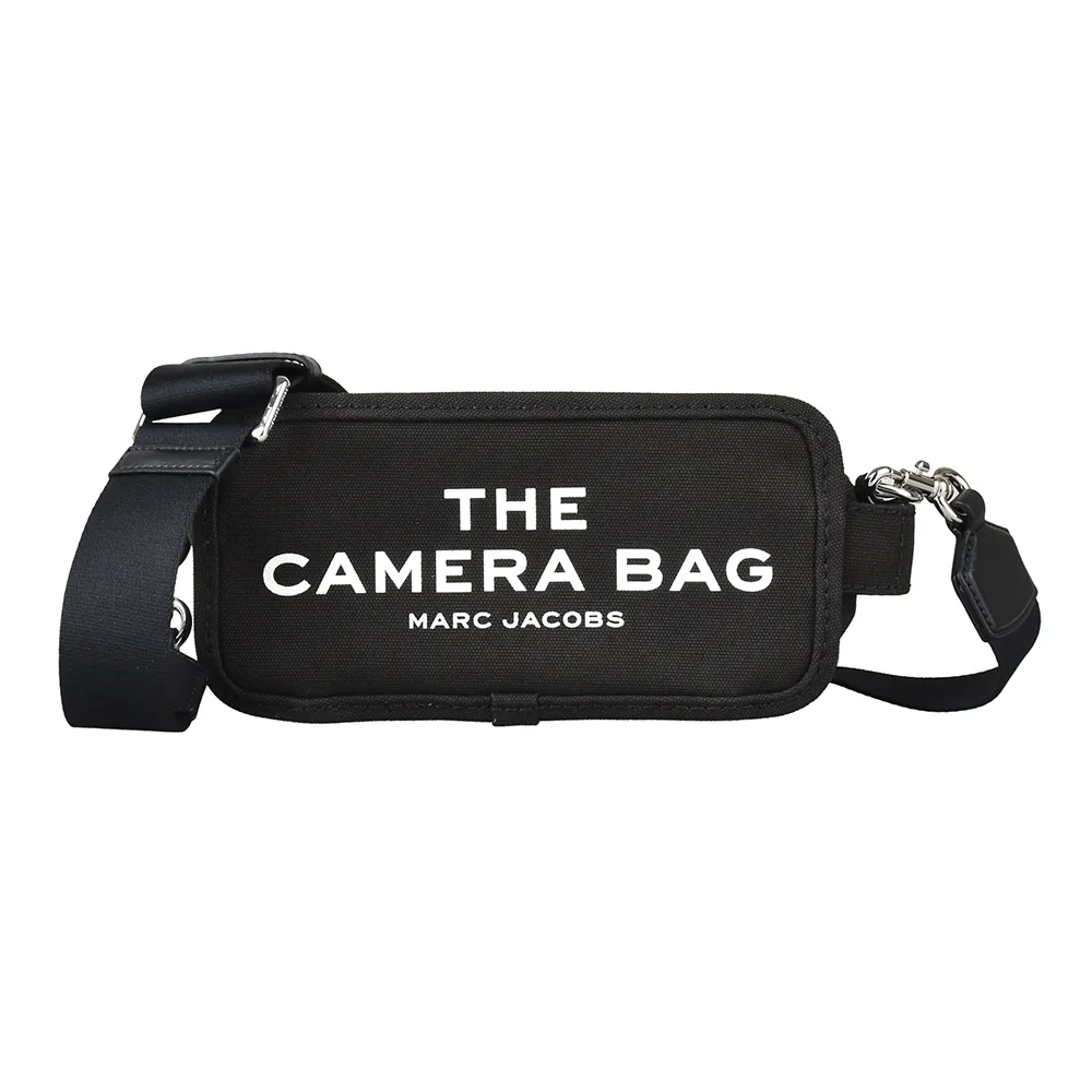 【MARC JACOBS】MARC JACOBS THE CAMERA BAG白字LOGO帆布拉鍊斜背相機包(黑)
