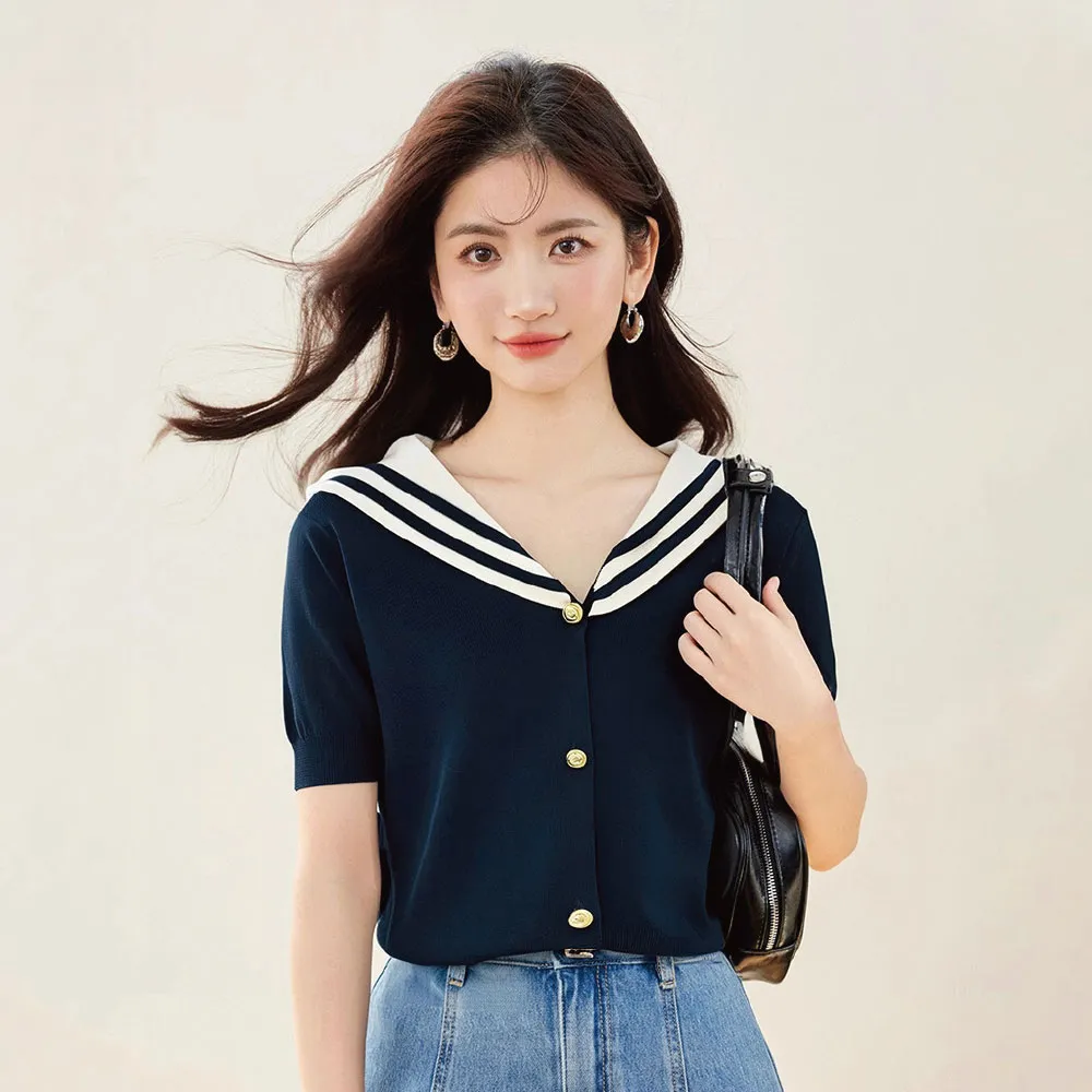 【Alishia】海軍風甜美氣質金扣V領撞色針織衫 短袖上衣 S-XL(藏青色)