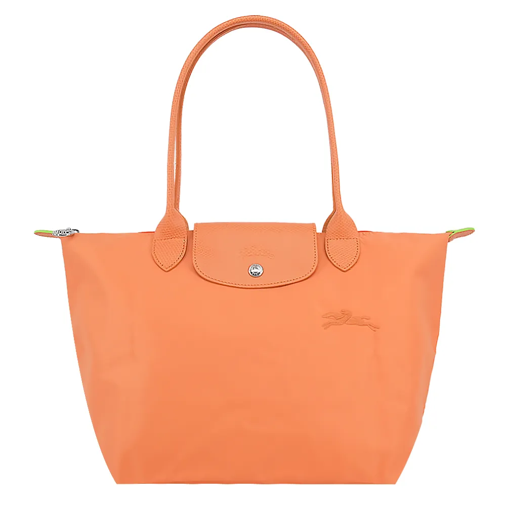 【LONGCHAMP】LE PLIAGE GREEN系列刺繡長把再生尼龍摺疊水餃包(中/橙)