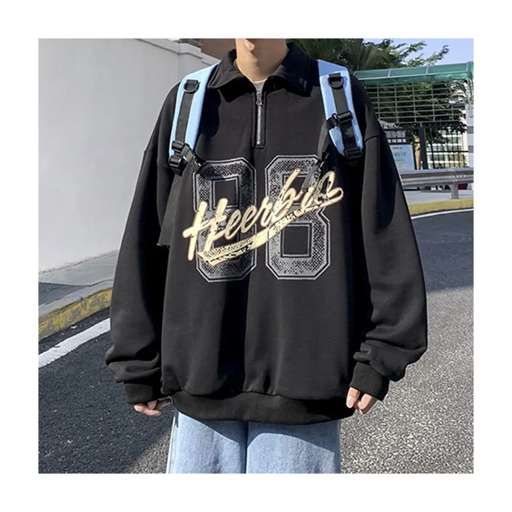 【HanVo】現貨 男款HEERBRO字母翻領POLO上衣(美式寬鬆舒適休閒上衣 韓系穿搭 男生衣著 B02-2042)
