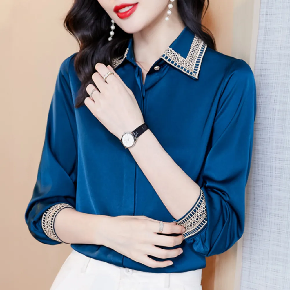【LANNI 藍尼】● 精美金色刺繡仿真絲襯衫(上衣/襯衫/薄長袖)