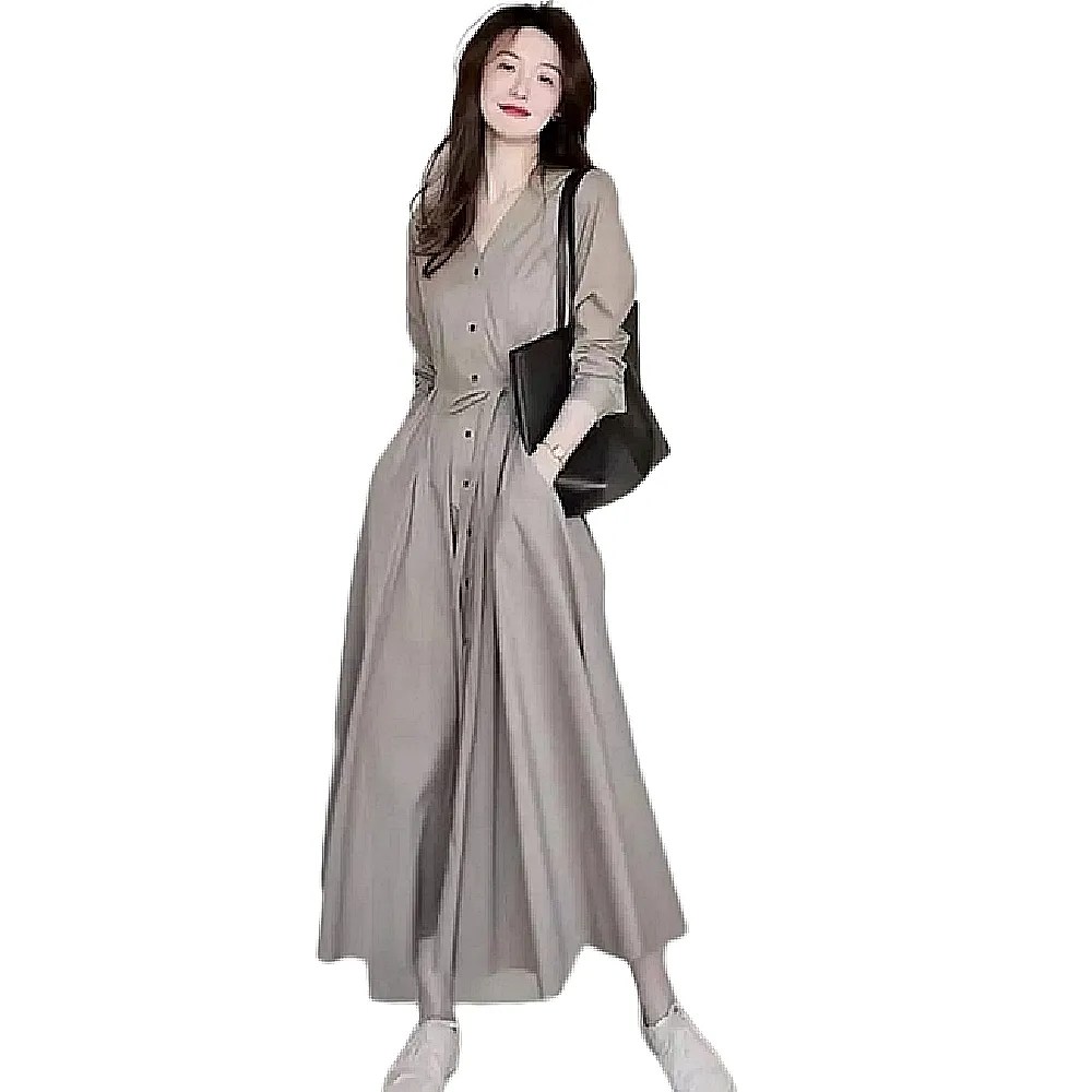 【巴黎精品】現貨+預購 連身裙長袖洋裝(仙女氣質腰帶排扣女裙子色a1ar2)