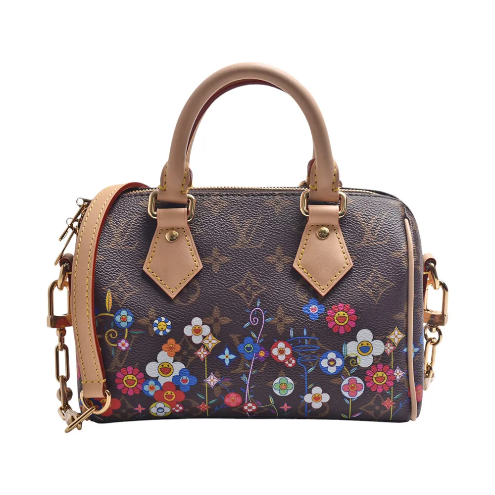 【Louis Vuitton 路易威登】M14175  LV x TM Speedy 聯名系列小花圖騰帆布牛皮飾邊手提/肩背包(棕色)