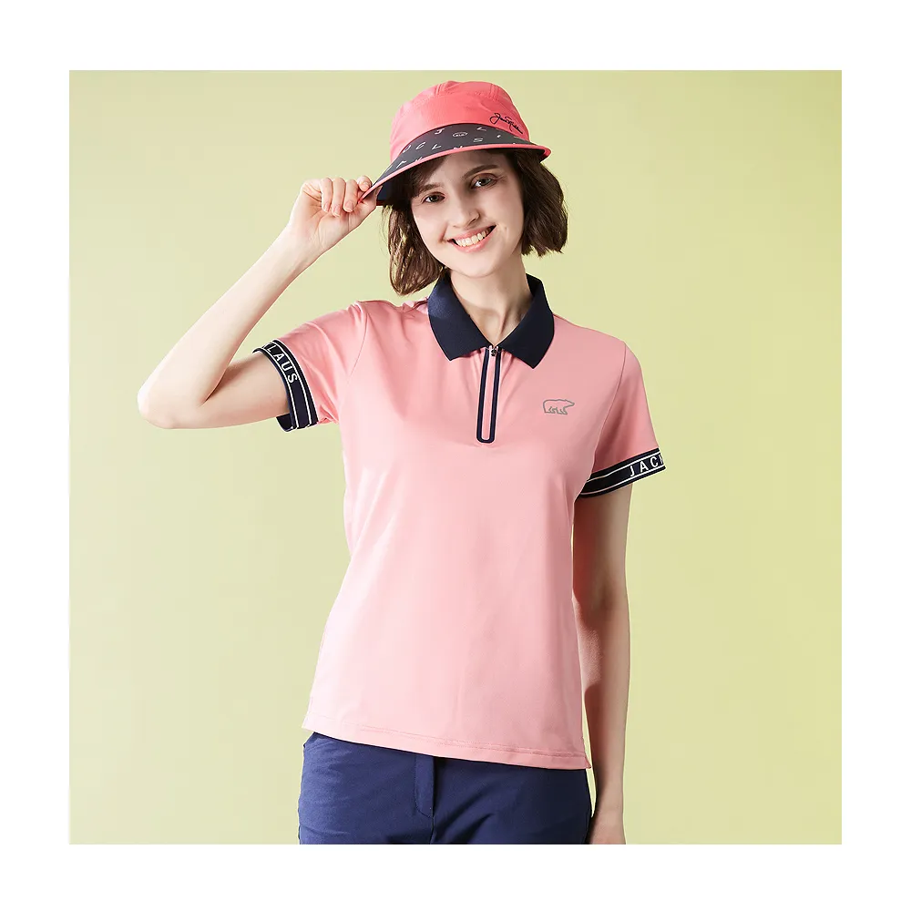 【Jack Nicklaus 金熊】GOLF女款領邊配色彈性吸濕排汗POLO衫/高爾夫球衫(粉色)