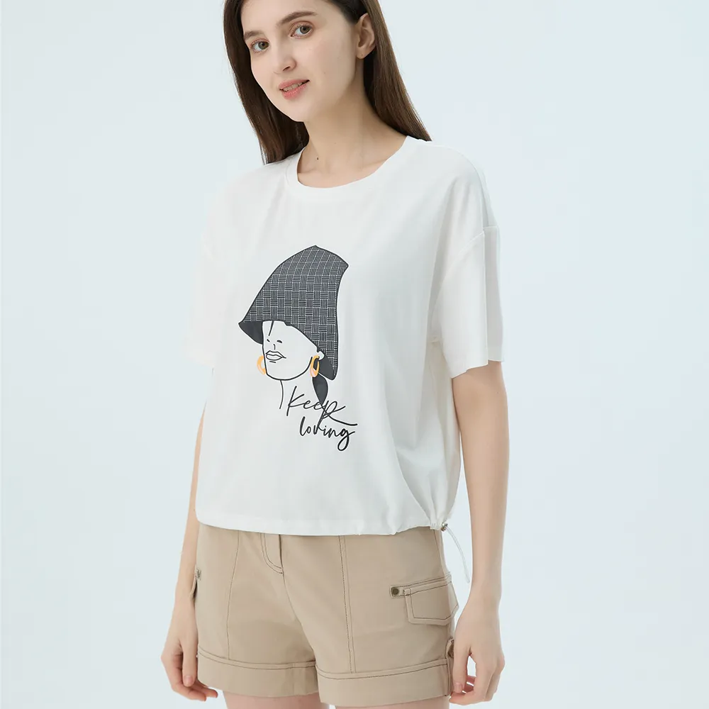 【Qiruo 奇若名品】專櫃精品白色貓咪女人短袖連帽上衣2516A  棉質女裝