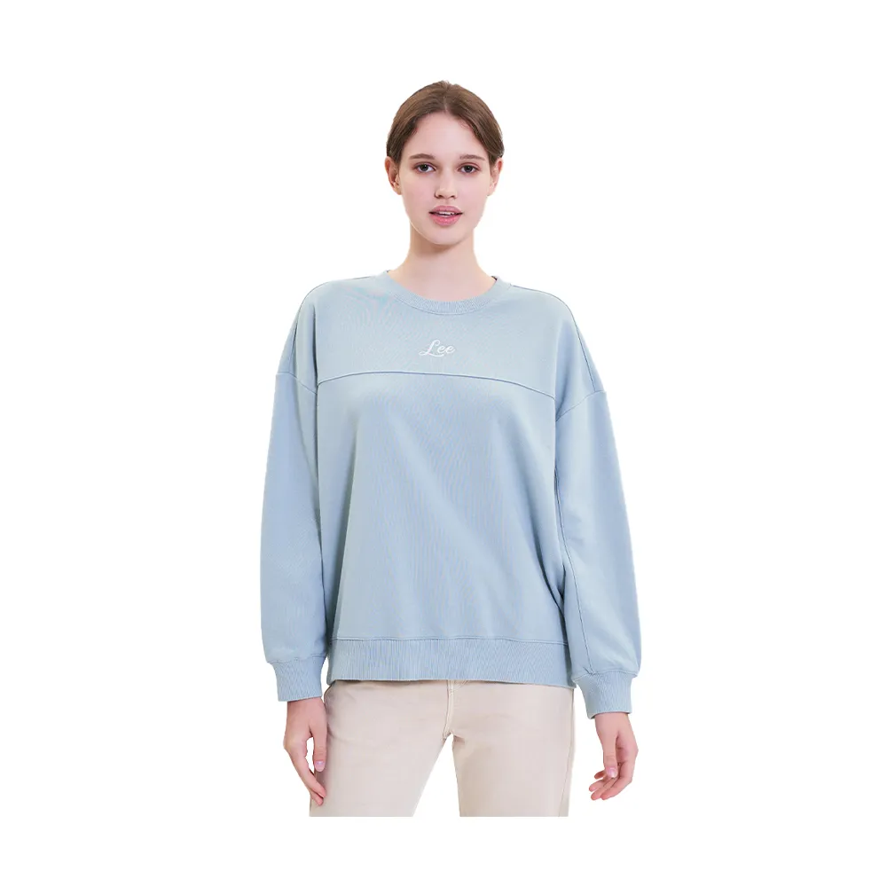 【Lee】女裝 長袖厚T / 胸前剪接 小LOGO 灰湖綠 季節性版型(LL220442745)