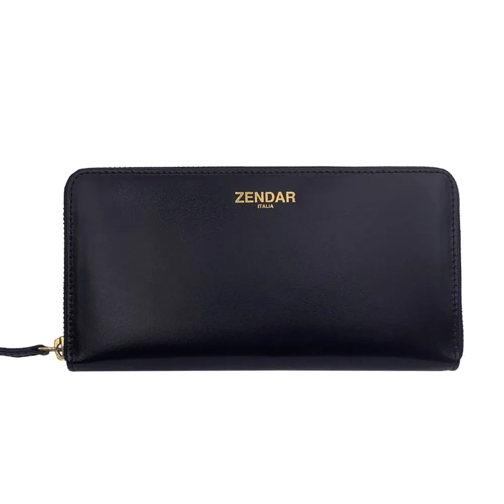 【ZENDAR】台灣總代理 限量1折 頂級小牛皮拉鍊長夾 莉亞系列 全新專櫃展示品(黑色 送禮盒提袋)