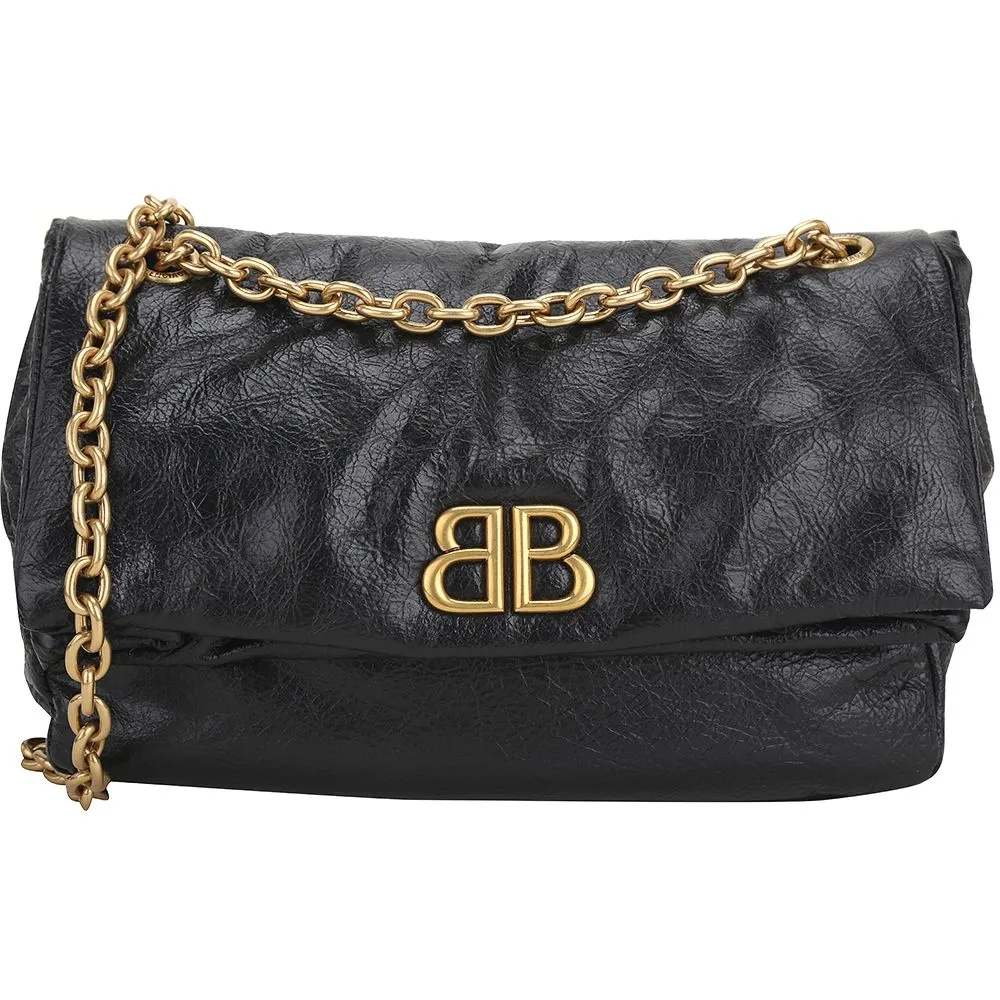 【Balenciaga 巴黎世家】Monaco 小款 揉製小牛皮折疊鍊帶肩背包-黑色(肩背包 鍊帶包 翻蓋包)