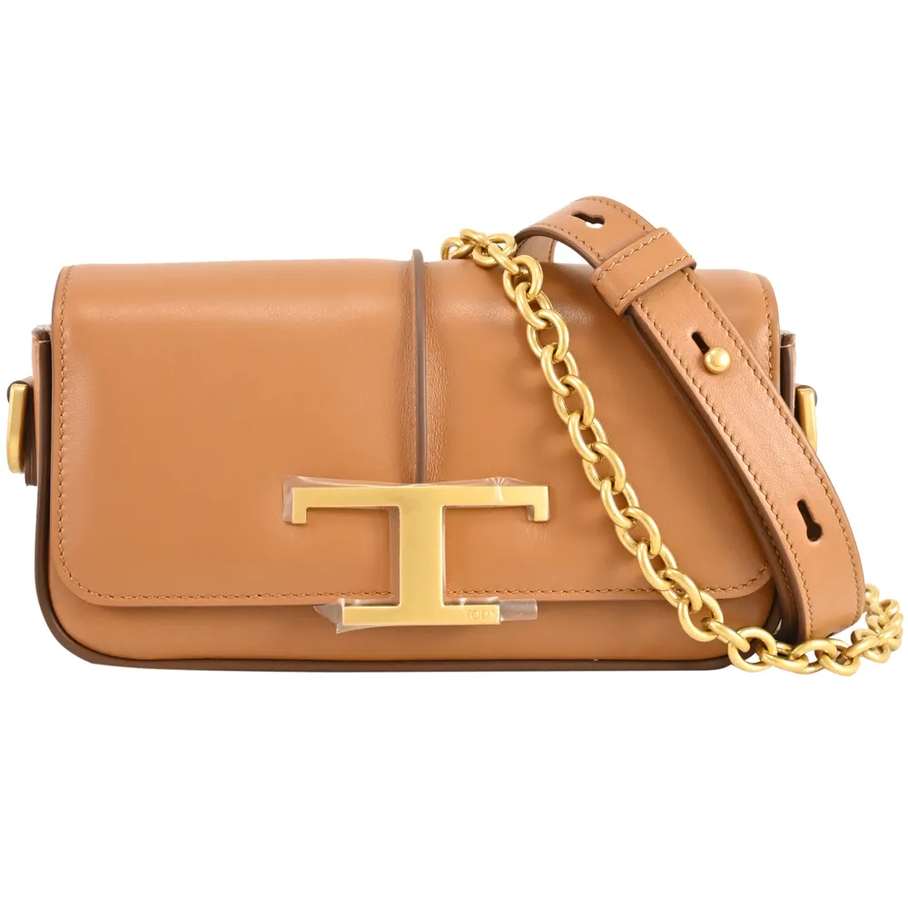 【TOD’S】TODS T Timeless 金屬LOGO小牛皮翻蓋鏈帶肩斜兩用包(咖)