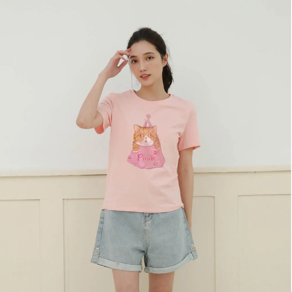 【PINK NEW GIRL】Pink* 貓咪提袋一起出遊插畫風舒棉T(2色)