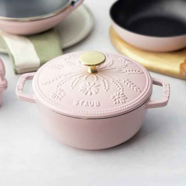 【STAUB】粉紅奶酪琺瑯鑄鐵鍋雙鍋組-圓鍋24cm+Margaret瑪格麗特和食鍋16cm(德國雙人牌集團官方直)