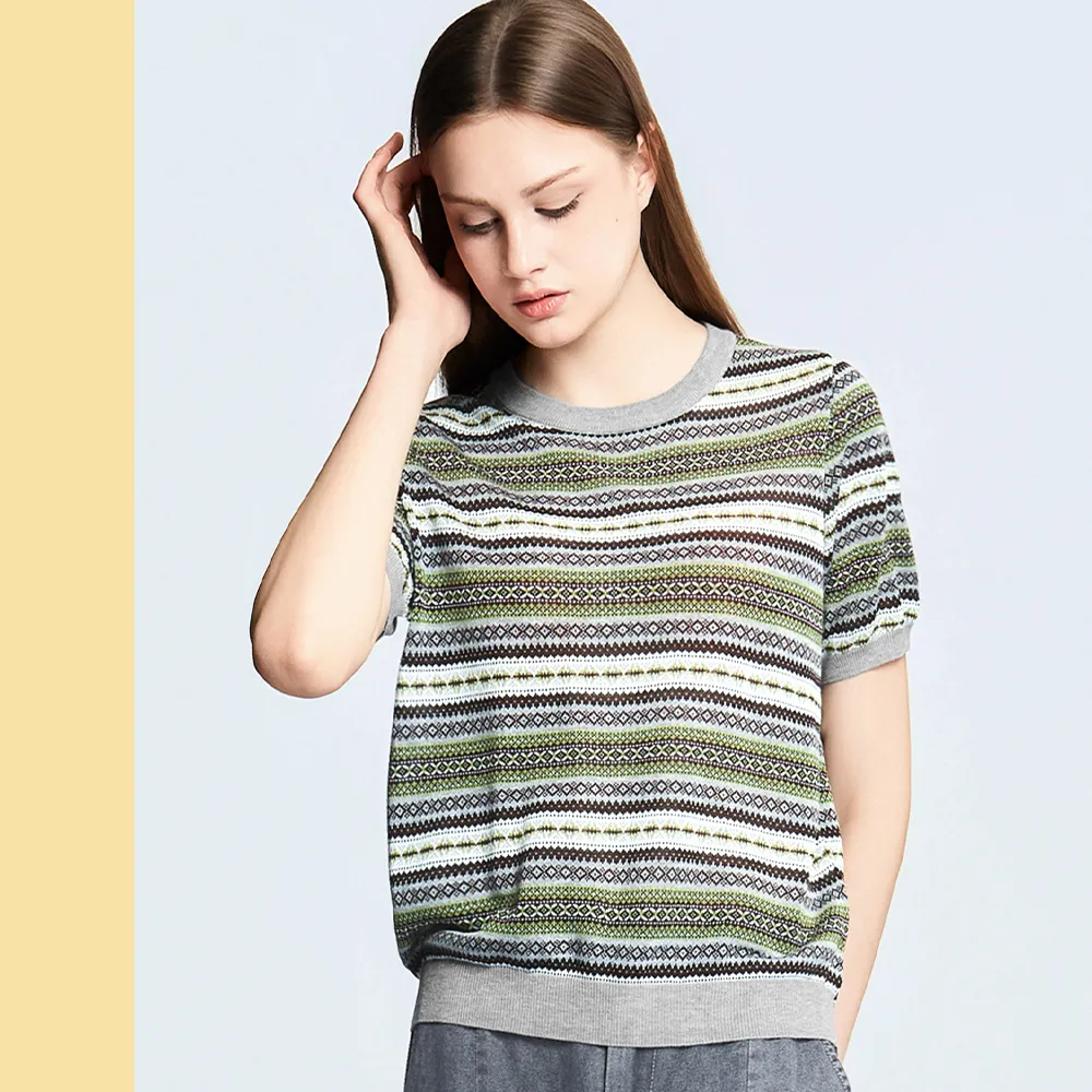 【Just Wear 佳葳】波西米亞風圖騰針織(女上衣/女上著/短袖/條紋/休閒/百搭/棉T)