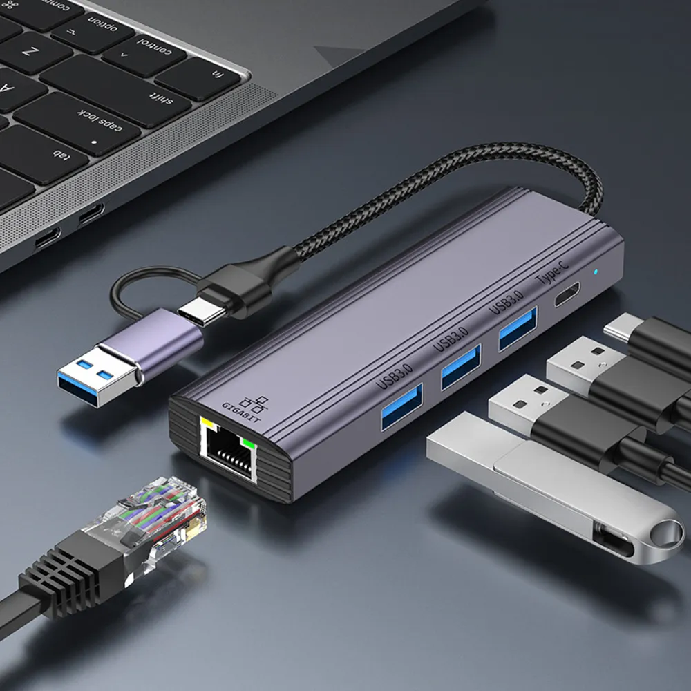【YUCUN】USB/Type-C 五合一多功能HUB轉接器 RJ45千兆網絡轉換器 Mac轉接頭 USB集線器