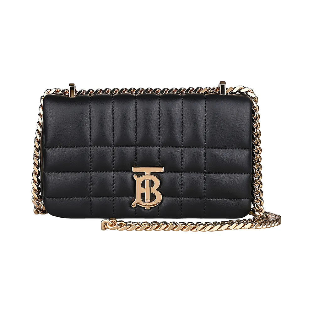 【BURBERRY 巴寶莉】BURBERRY LOLA LOGO釦式格紋小羊皮鏈帶肩背斜背包(迷你/黑)